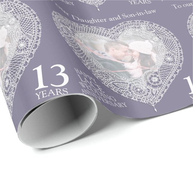 13th wedding anniversary lace heart photo wrap wrapping paper (Roll Corner)