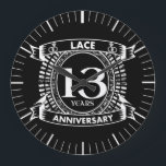 13TH wedding anniversary lace Large Clock<br><div class="desc">Your 13th wedding anniversary has the traditional gift is lace. This crest style design is a romantic design for couples celebrating 13 years of marriage. If you would like any help customising this design please contact me,  their is an ask this designer button,  just below this text.</div>