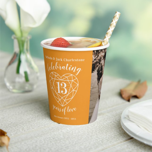 13th Wedding Anniversary outline heart photo Paper Cups (Insitu)