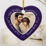 13th Wedding Anniversary Photo Ceramic Tree Decoration<br><div class="desc">Celebrate a 13th happy year of marriage with a custom photo ornament in a delightful heart shape frame. Simply upload your own photo of the married couple and it will appear in the cutout. The purple surround features a white script font and decorations. The words are: 13th Wedding Anniversary -...</div>