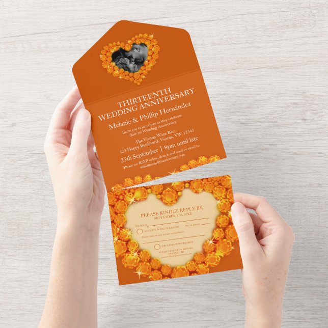 13th wedding anniversary photo citrine orange  all in one invitation (Tearaway)