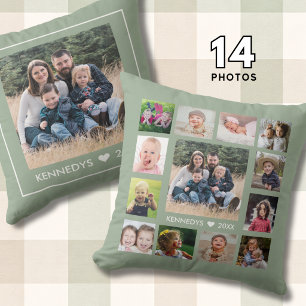 14 Family Photo Collage Create Your Own Sage Green Cushion