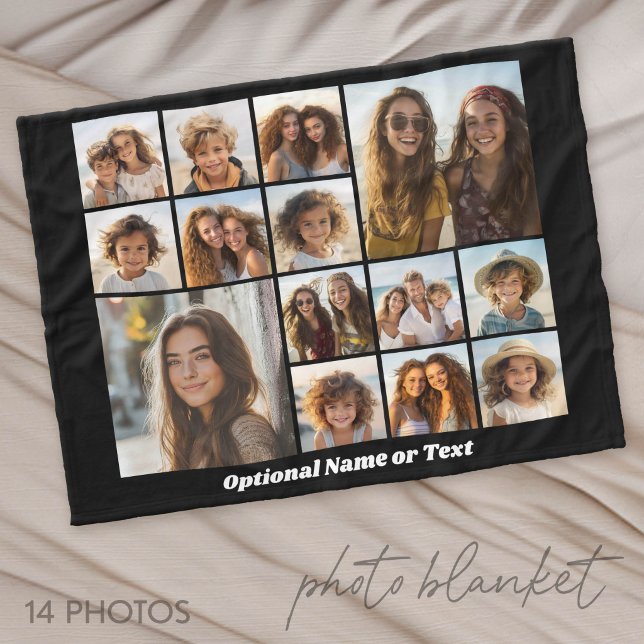 14 Photo Collage - Black Background White Text Fleece Blanket (Photo Blanket - Personalize with Your Photos)