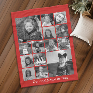 14 Photo Collage CAN EDIT red COLOR optional text Fleece Blanket