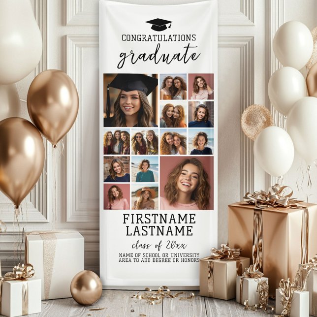 14 Photo Collage Graduation Modern Minimal White Banner (Custom Graduation Photo Banner - Great backdrop and Graduation Party Decoration)