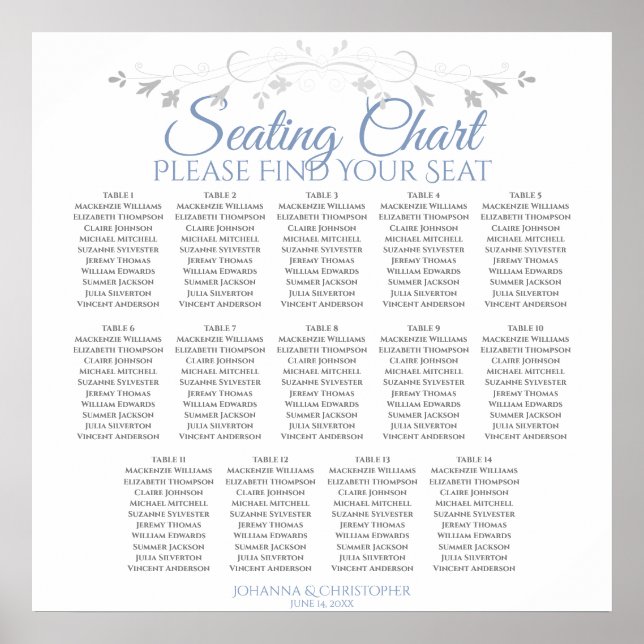 14 Table Blue & Grey Wedding Seating Chart (Front)