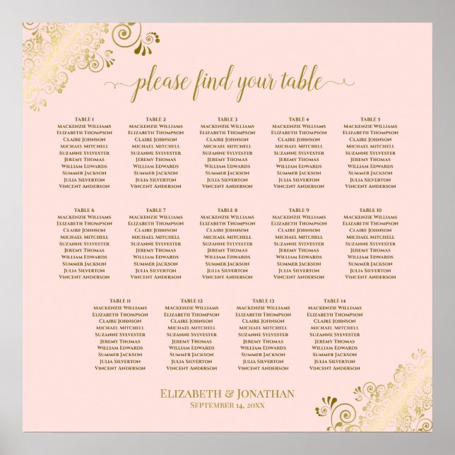 14 Table Blush Pink & Gold Wedding Seating Chart (Front)