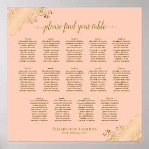 14 Table Coral Peach & Gold Wedding Seating Chart