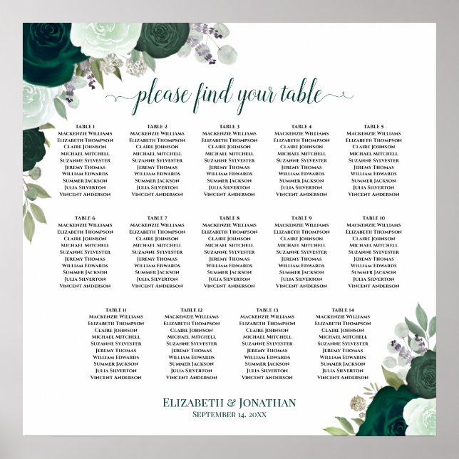 14 Table Emerald Boho Floral Wedding Seating Chart (Front)