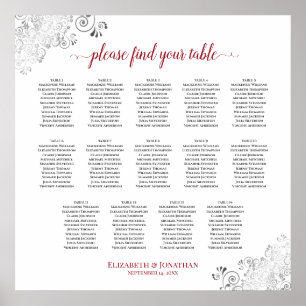 14 Table Frilly Wedding Seating Chart White & Red