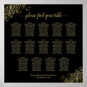 14 Table Gold Frills Wedding Seating Chart Black