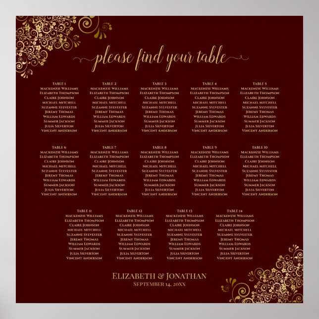 14 Table Lacy Gold Wedding Seating Chart Burgundy (Front)