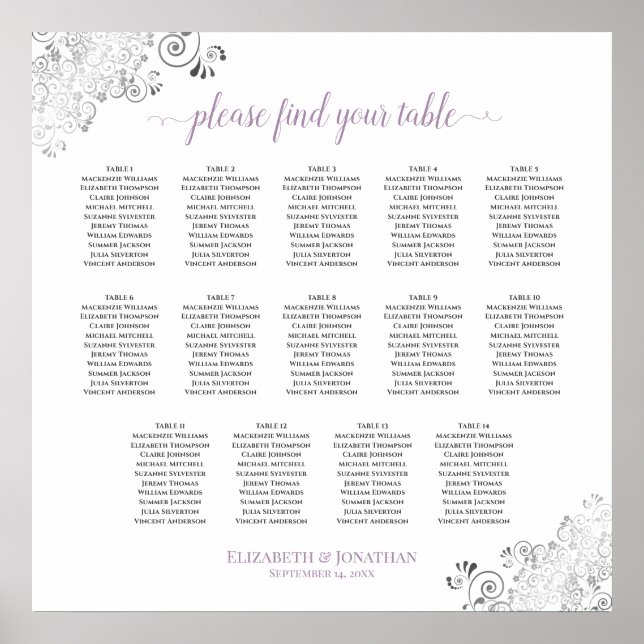 14 Table Lacy Wedding Seating Chart White Lavender (Front)