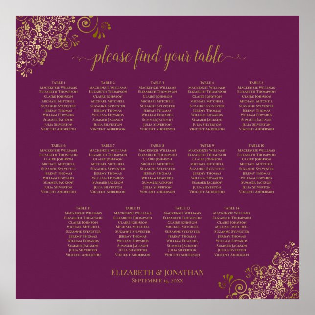14 Table Magenta Plum Wedding Seating Chart Gold (Front)