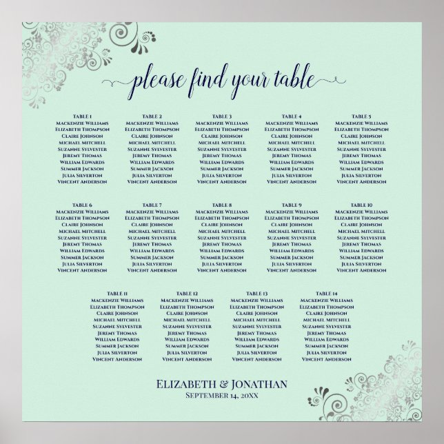 14 Table Mint Green & Navy Wedding Seating Chart (Front)