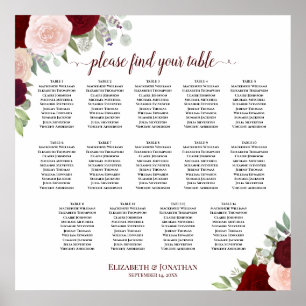14 Table Red and Pink Floral Wedding Seating Chart