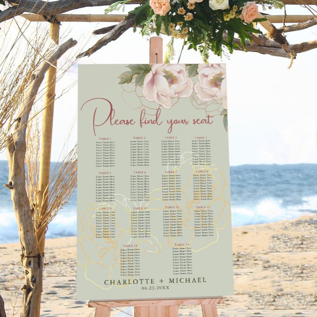 14 Table Sage & Blush Floral Wedding Seating Chart (Creator Uploaded)