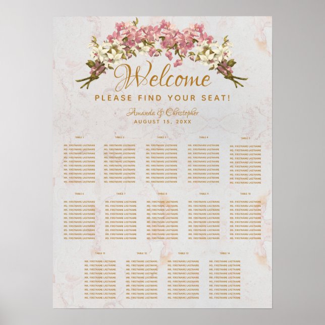 14 Table Seating Chart Wedding Marble Pink Orchids (Front)