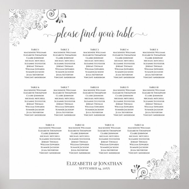 14 Table Silver Frills Wedding Seating Chart White (Front)