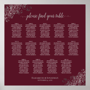 14 Table Silver on Burgundy Wedding Seating Chart