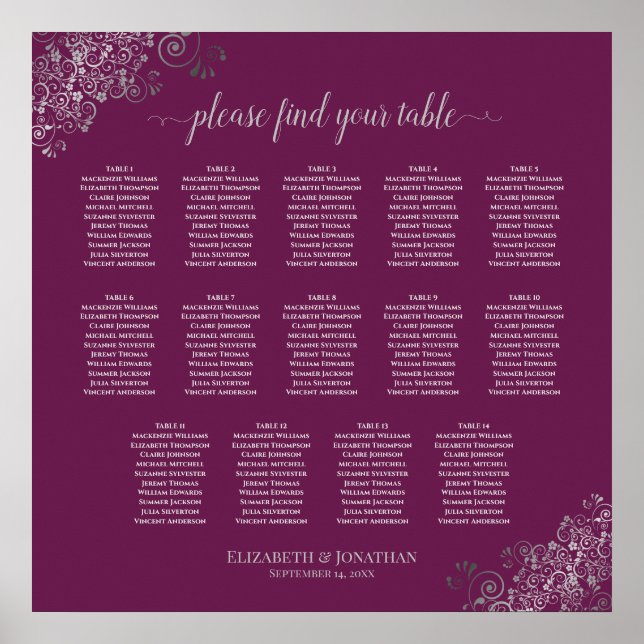 14 Table Silver on Cassis Wedding Seating Chart (Front)