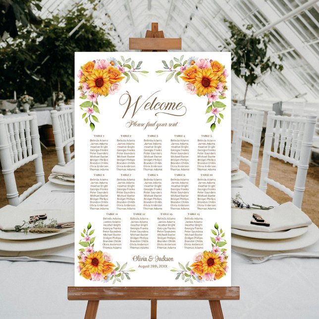 14 Table Sunflower Rose Wedding Seating Chart (Creator Uploaded)