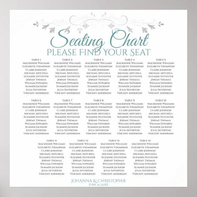 14 Table Teal & Grey Wedding Seating Chart (Front)
