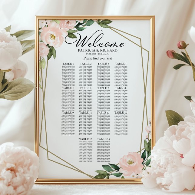 14 Tables Blush Geometric Wedding Seating Chart (Creator Uploaded)