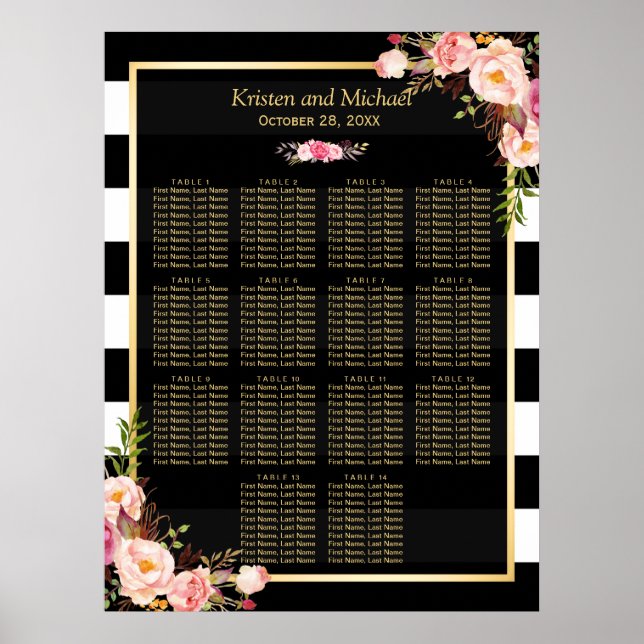 14 Tables Pink Floral Wedding Seating Chart (Front)