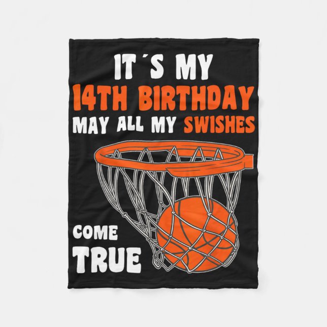 14 Year Old Happy 14th Birthday Bysketbyll 14th Bi Fleece Blanket (Front)