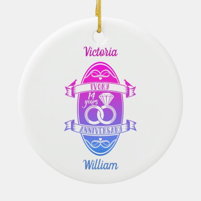 14 Year traditional ivory 14th wedding anniversary Ceramic Tree Decoration (Back)