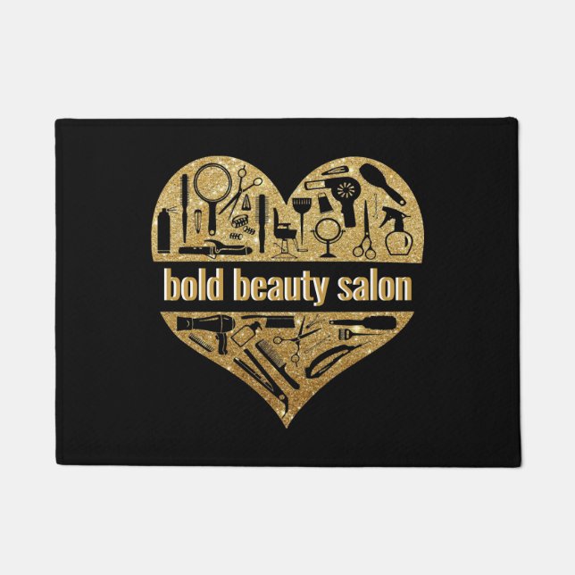 14k Gold Beauty Salon Glitter Heart Hair Stylist Doormat (Front)