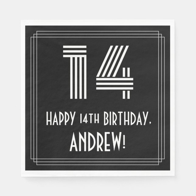 14th Birthday: Art Deco Inspired Look "14" + Name Napkin (Front)