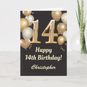 14th Birthday Black and Gold Balloons Confetti Card