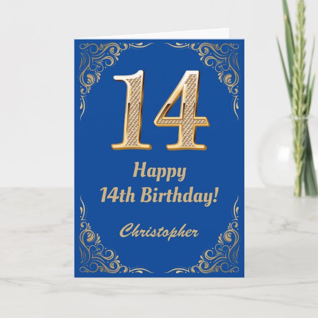 14th Birthday Blue and Gold Glitter Frame Card (Front)