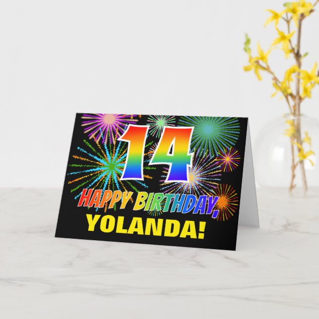 14th Birthday: Bold, Fun, Fireworks, Rainbow 14 Card (Yellow Flower)