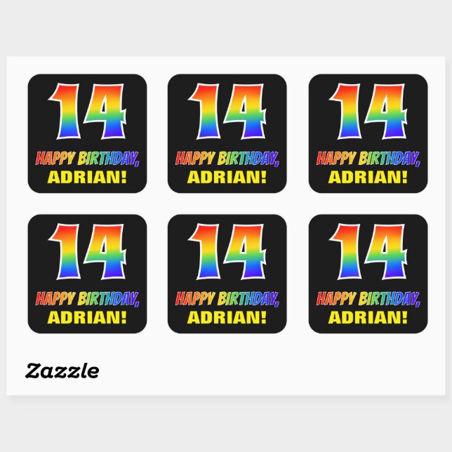 14th Birthday: Bold, Fun, Simple, Rainbow 14 Square Sticker (Sheet)