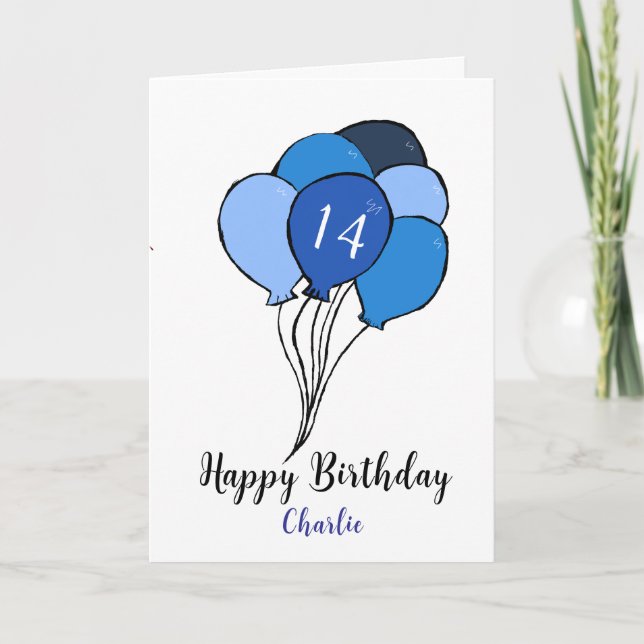 14th birthday bunch of blue balloons card (Front)
