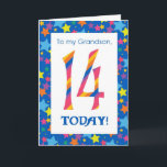 14th Birthday Card for Grandson, Stripes and Stars<br><div class="desc">A bright and colourful 14th Birthday Card for a Grandson,  with striped numbers and a starry border,  from a digital design by Judy Adamson. You can change the inside message if you wish.</div>