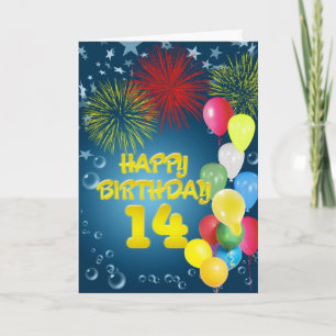 14th Birthday card with fireworks and balloons