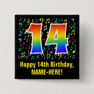 14th Birthday: Colorful Music Symbols, Rainbow 14 15 Cm Square Badge