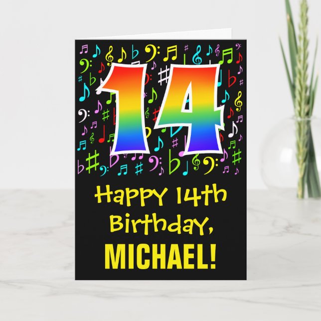 14th Birthday: Colorful Music Symbols + Rainbow 14 Card (Front)