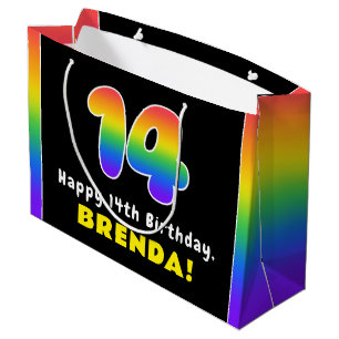 14th Birthday: Colorful Rainbow # 14, Custom Name Large Gift Bag