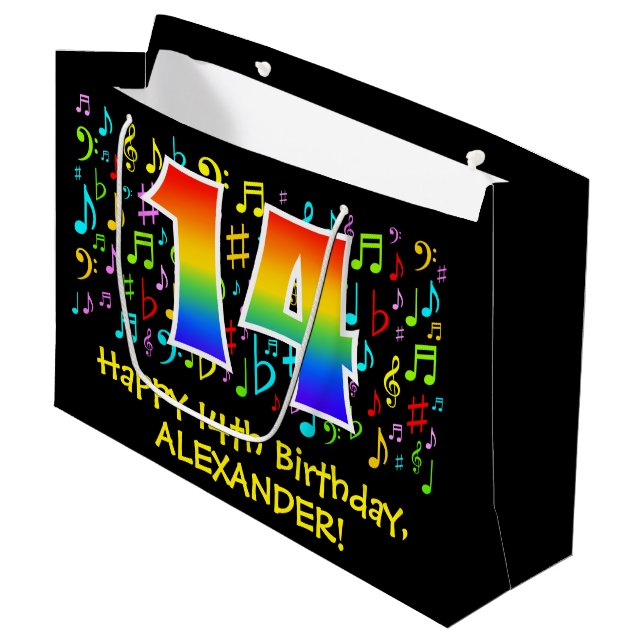 14th Birthday - Colourful Music Symbols, Rainbow 1 Large Gift Bag (Front Angled)