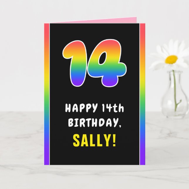 14th Birthday: Colourful Rainbow # 14, Custom Name Card (Small Plant)