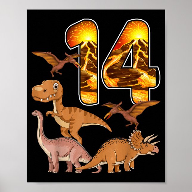 14th Birthday Dinosaur T-rex 14 Years Old Birthday Poster (Front)
