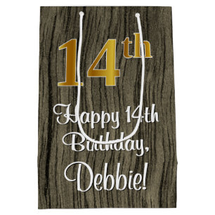 14th Birthday: Elegant Faux Gold Look #, Faux Wood Medium Gift Bag