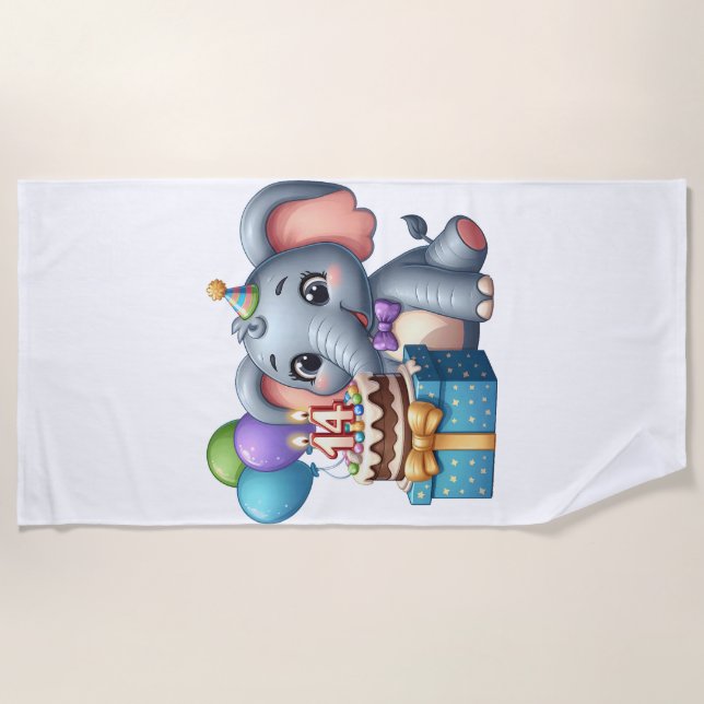 14th Birthday Elephant Beach Towel (Front)