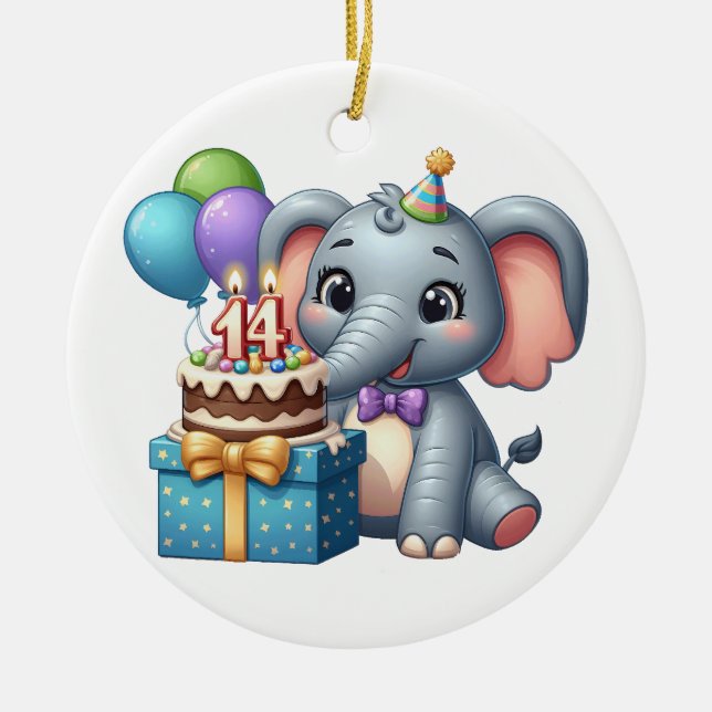 14th Birthday Elephant Ceramic Tree Decoration (Front)