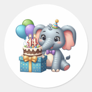 14th Birthday Elephant Classic Round Sticker